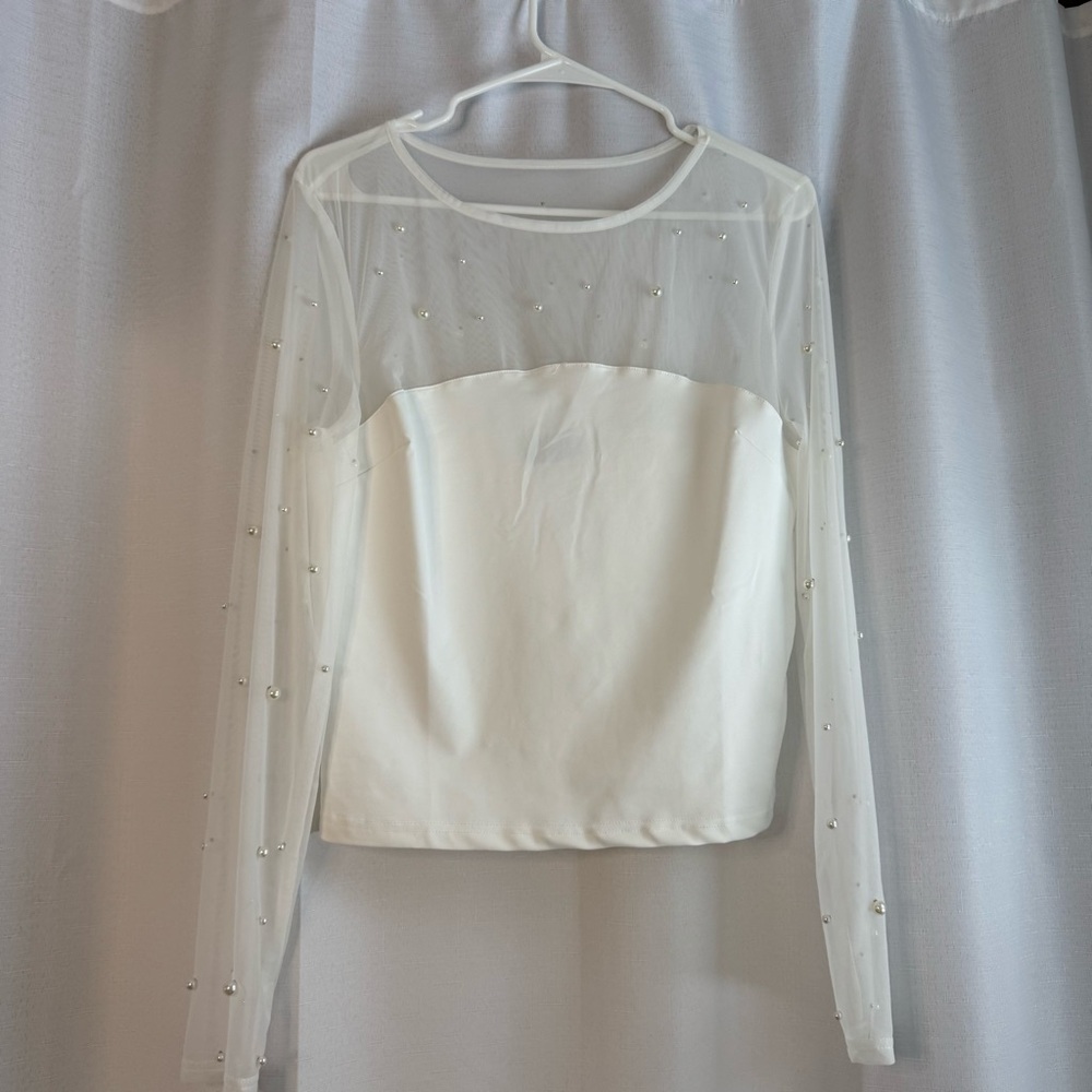 Vici Sheer Pearl-Studded Cream Blouse